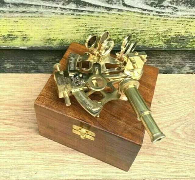 Vintage Nautical Antique Brass Sextant Navigation Marine Wooden Box