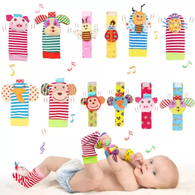 4 PCS Infant Baby Kids Animal Hand Wrist Bells Foot Sock Rattles Soft Toys Gift