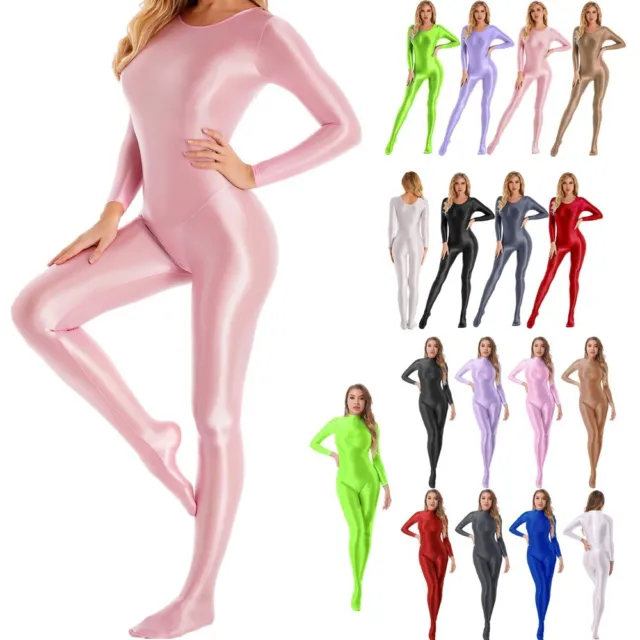Womens One-Piece Glossy Bodysuit Long Sleeve Jumpsuits Catsuit Bodystocking