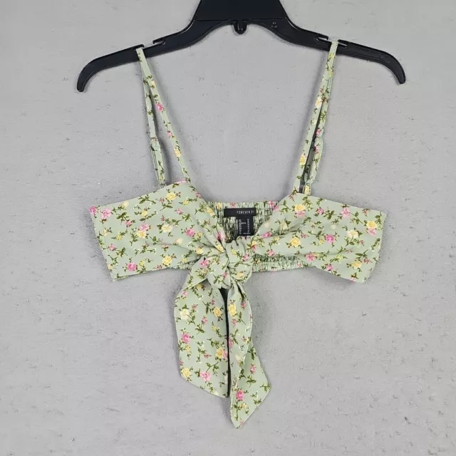 FOREVER 21 Crop Top Womens M Green Floral Tie Front Smocked Strappy Sexy Summer