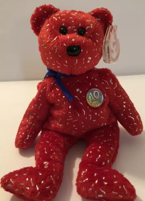 TY Beanie Baby DECADE the Bear Teddy Red Version Stuffed Animal Toy MWMT New