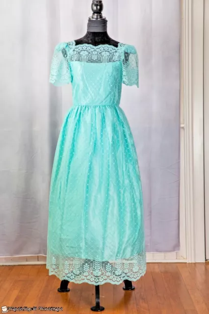 Vintage 70s Lace Aqua Gown Size 7/8 JC Penney Dress Prom Bridesmaid Costume
