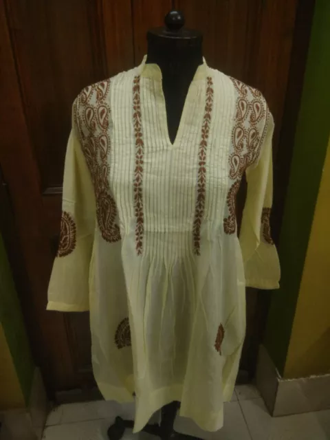 M 40 Pleated Tunic 100% Cotton Handmade Ethnic Top Kurta Kurti Chikan Embroidery