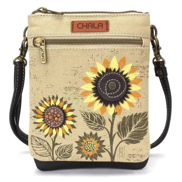 New Chala Double Pocket Sunflowers Tan Canvas Cellphone Crossbody