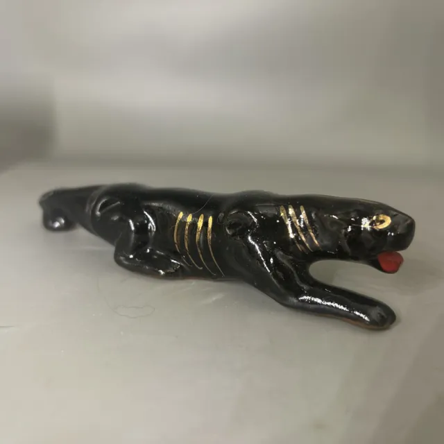 Vtg Miniature 1950s Black Panther Figurine Redware Ceramic Pottery Japan MCM 4”