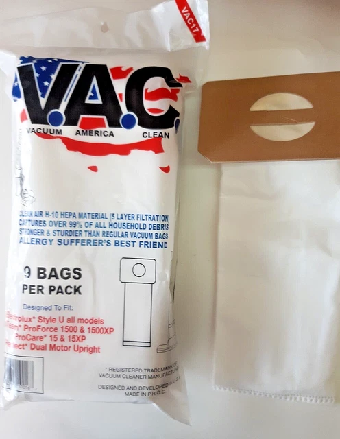 Style U~HEPA filtration vacuum bags for Electrolux, ProTeam, ProForce , Perfect