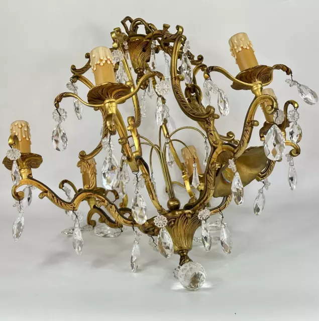 Vintage French Ornate Bronze 6 Arm Caged Light Chandelier With Glass Crystals