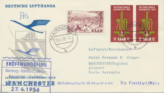 SAARLAND 1956 Mitläuferpost Erstflug Dt.Lufthansa LH432 "FRANKFURT - MANCHESTER"