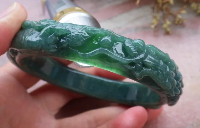 Certified Green Burma A JADE Jadeite Dragon Phoenix Bangle Bracelet 66mm 607441