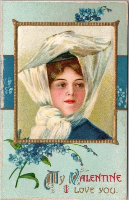 VALENTINE'S DAY Embossed Postcard Pretty Lady / Veiled Hat "I LOVE YOU" / Unused