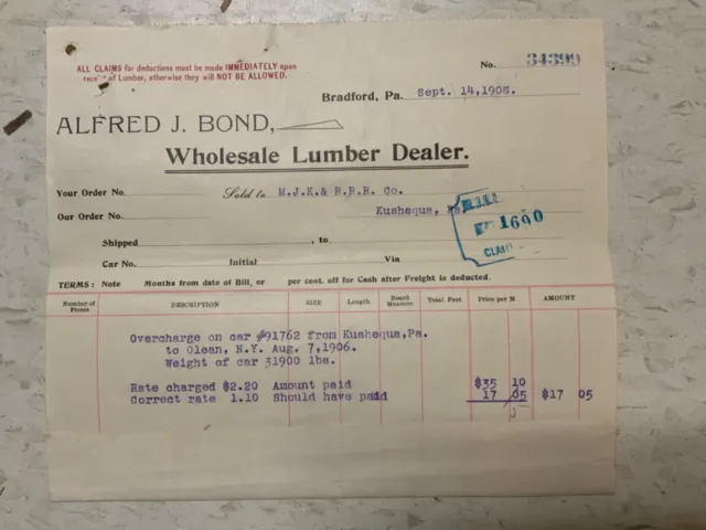 1907 invoice Billhead Alford J. Bond Bradford PA Wholesale Lumber Dealer
