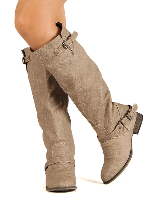 Breckelles Outlaw-81 New Women Leatherette Buckle Zipper Riding Knee High Boot