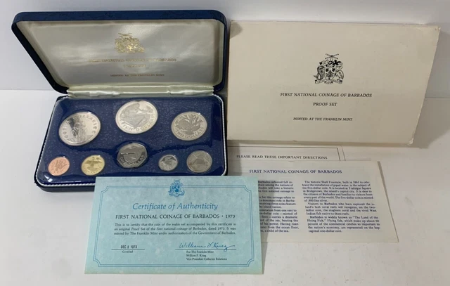 1973 FIRST NATIONAL COINAGE OF BARBADOS Proof Set, Franklin Mint, with COA, box