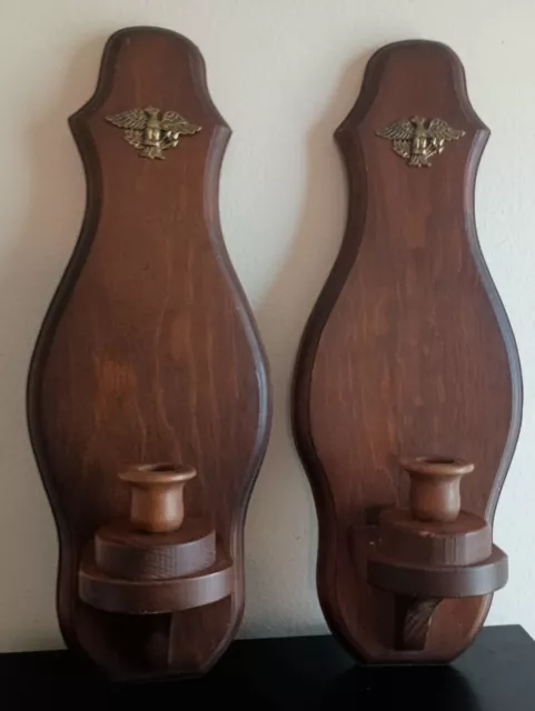 Wood sconces pair Vintage 18"  American Brass Eagle Emblem