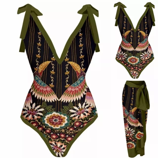 Elegante set bikini stampa vintage con 1 pezzo costume da bagno e cover taglia S