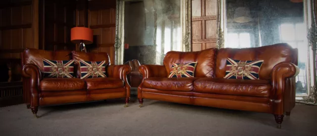 Victorian Style Antique Tan Brown Leather Suite 3 & 2 Seater Chesterfield Sofas