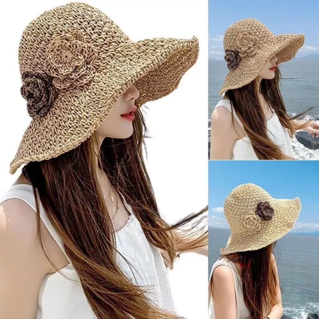 Summer Ladies Sun Beach Straw Hat Floppy Foldable Wide Brim Womens Gardening Cap
