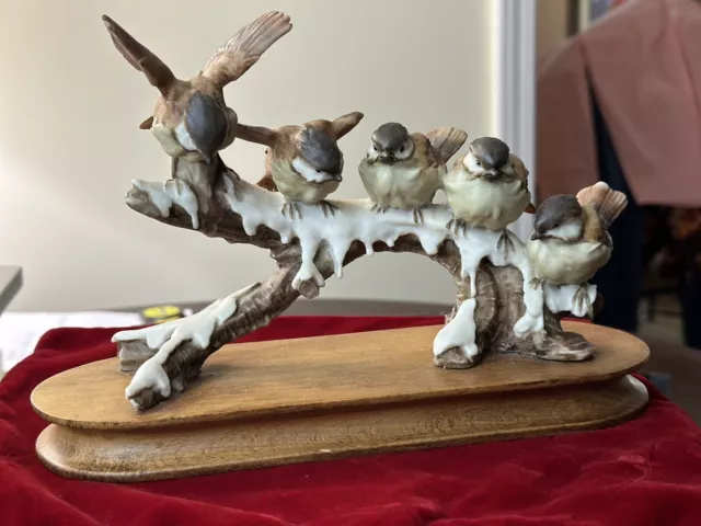 Vintage Giuseppe Armani Sparrows On Snow Branch Porcelain Birds Wood Base Figure