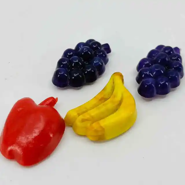 Vintage Lot of 4 Miniature Celluloid Fruit Grapes Banana Apple Magnets 1” SB1