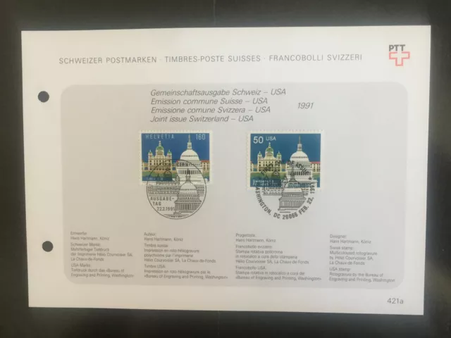 Gemeinschaftsausgabe - Schweiz USA - 1991 mit jeweiligem Ersttagsstempel