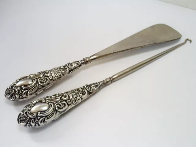 Large Antique Hm Silver Ornate Handle Button Hook & Shoe Horn 10 " Set/J&C 1904