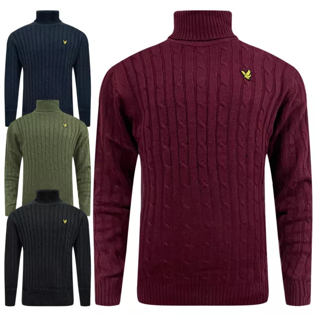 Lyle & Scott Mens Turtle Neck Cable Knitted Roll Up Jumper Polo Sweater Pullover