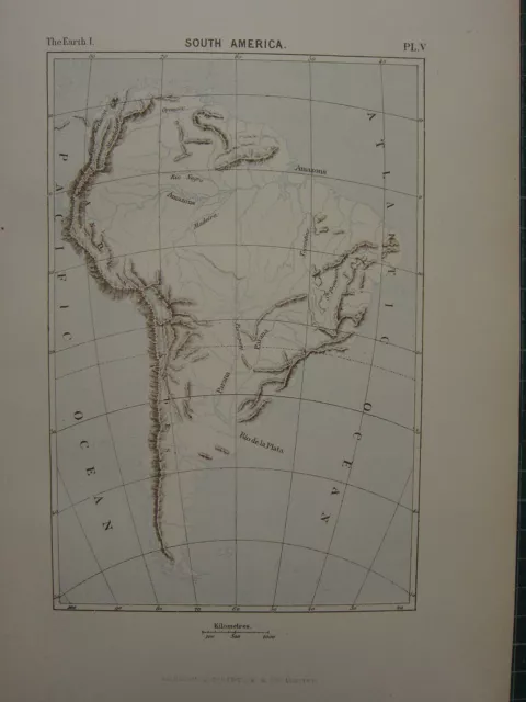 1886 Antique Map ~ South America Rio De La Plata Parana Andes Amazons