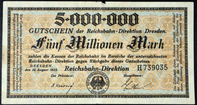DRESDEN 1923 "Reichsbahn" 5 Million Mark P-S1176 Railroad Inflation Notgeld