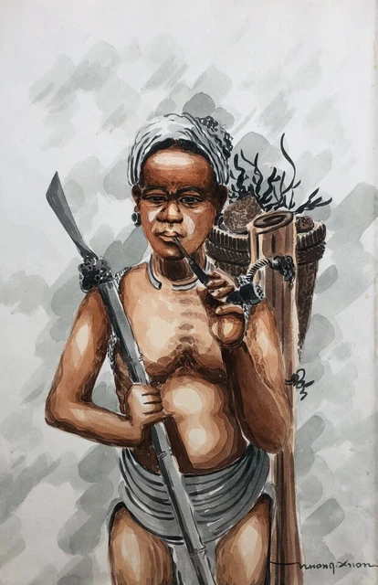 Acuarela vietnamita antigua, Firma para identificar, Artes asiáticas, XX