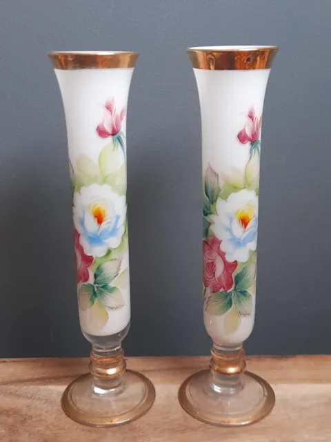 Vintage Pair Milk - White Glass Vases Handpainted Flower & Gilt Details 8"
