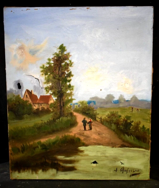 TABLEAU ANCIEN HUILE paysage Rivière Signé époque XIXème EUR 4,50