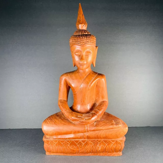 Polished Wood Seated Buddha Statue Dhyana Mudra Serene Sitting Carved Handmade