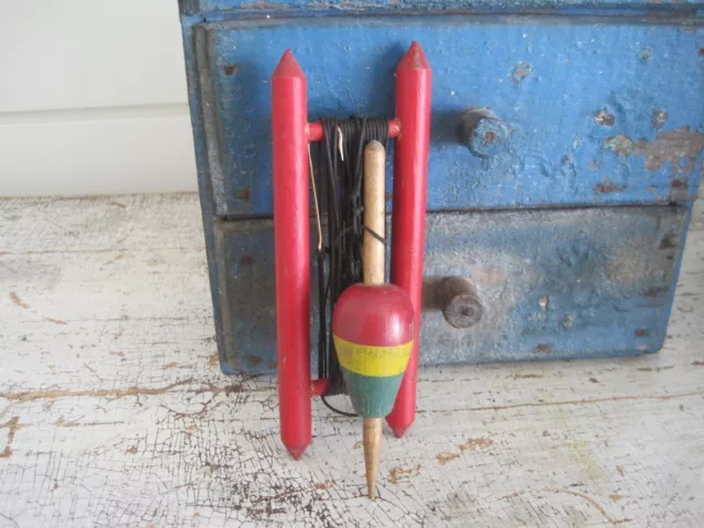 Old Primitive Original Dry Paint Wood Fishing Bobber Wood Line Frame and  Hook