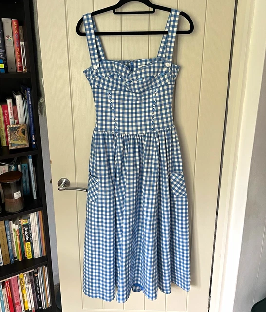 HOUSE OF CB Vivien Blue & White Gingham Midi Dress Pockets S £83.90