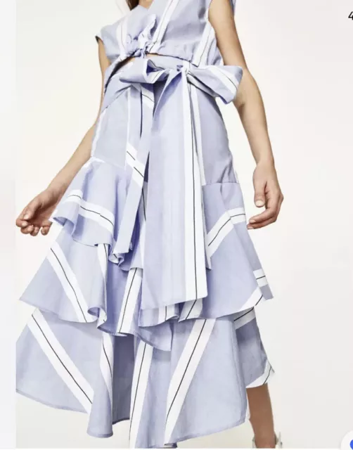 ZARA BLUE WHITE Striped Midi Skirt With Ruffle Frill Tie Bow And