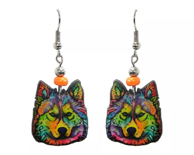 Rainbow Wolf Face Earrings Trippy Art Spirit Animal Graphic Wild Nature Jewelry