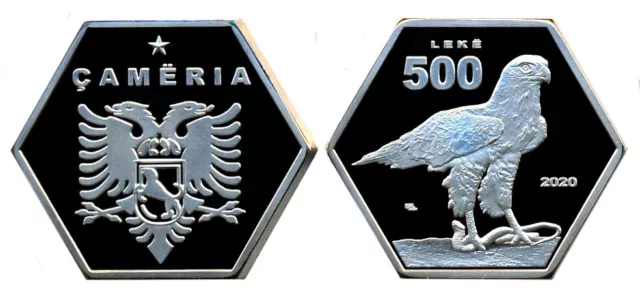 Cameria 2020 (Albania) 500 Leke Aquila Bird  Eagle Moneta Esagonale Fondo Specch