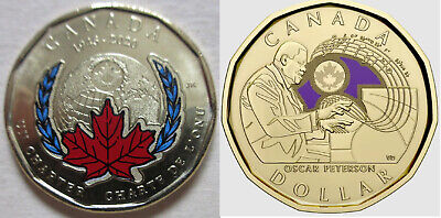 Set 2020 UN & 2022 Canada Oscar Peterson Loonie One Dollar Coin. Mint UNC $. (RJ