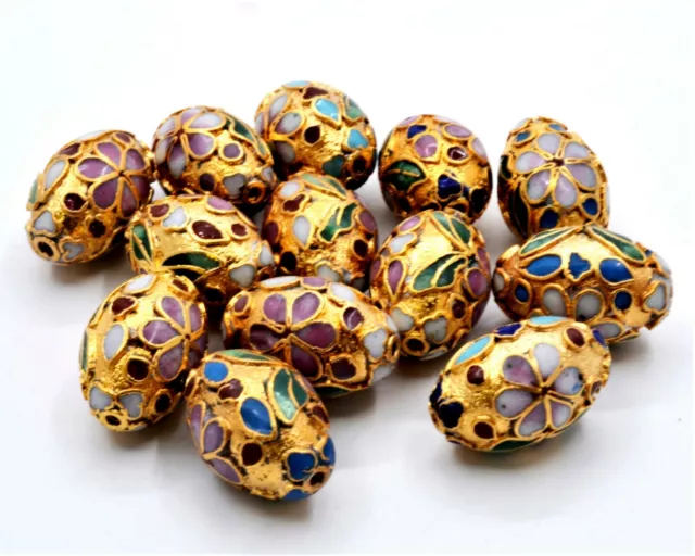 12pc 18 x 12 mm Champleve Gold Cloisonne Beads. Hand Painted Floral Pattern.