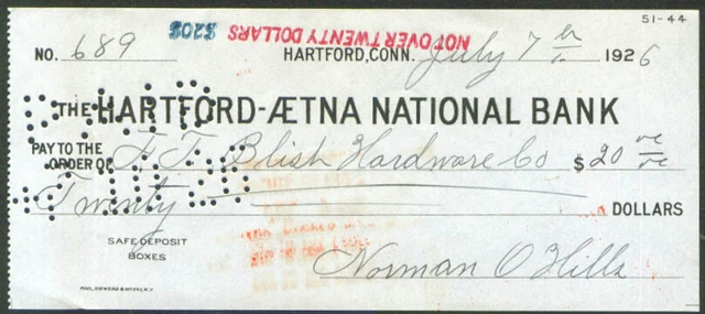 F T Blish Hardware check tobacco farmer Wapping CT 1926