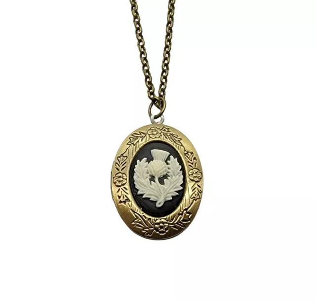 Handmade Antique Bronze Scottish Thistle Cameo Locket Necklace