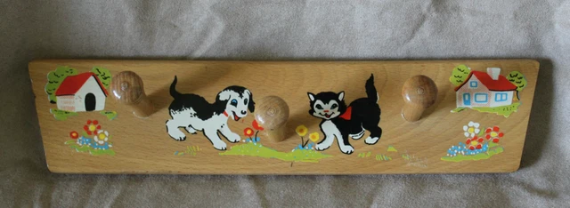 Vintage Wooden Children Wall Peg Coat Hanger Rack Mid Century Retro Play School