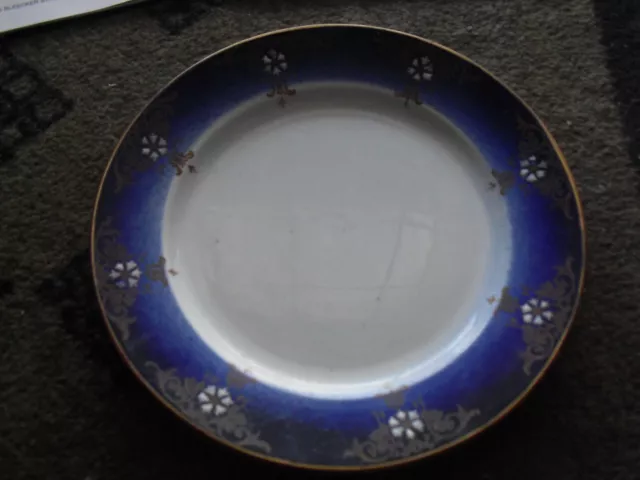 Antique Flow Blue Plate Opaque Luneville France 8" Hand Painted Trim