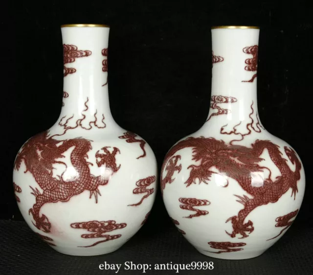 9'' Old Qing Kangxi Red White Glaze Porcelain Gold Dragon Loong Bottle Vase Pair