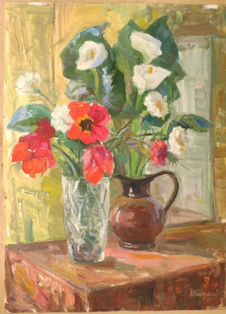 Ukrainian Soviet Oil Painting impressionism realism Still Life Flower glass vase