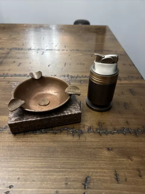 vintage copper ashtray with metal table lighter