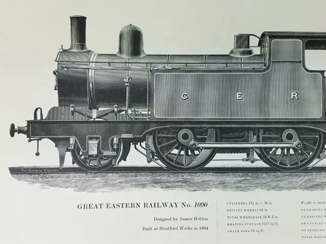 Train Locomotive B & W Print Great Eastern Railway No 1090 Railroadiana 17"x10"