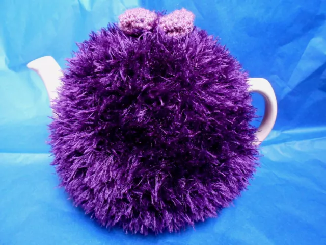 Funky fluffy tea cosy hand knitted in Wales PURPLE please see size guide