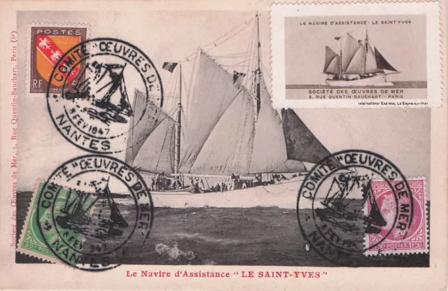 Carte postale ancienne BATEAU navire assistance "LE SAINT-YVES" timb 1947 NANTES