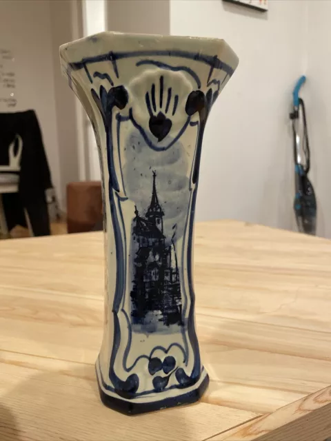 Antique  Delfts Blue White Hand Painted Vase Vintage.